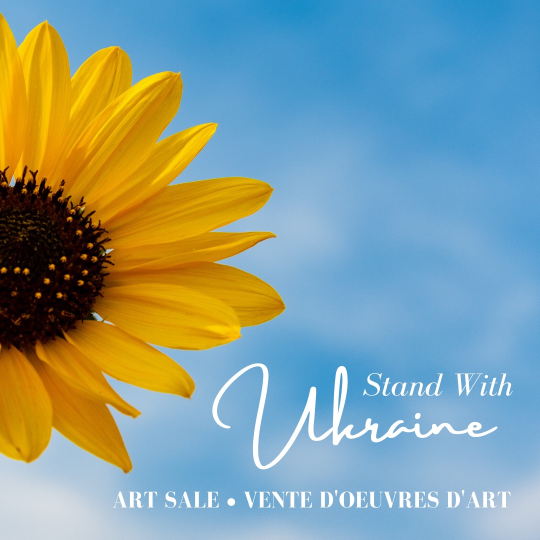 Image of sunflower. Text reads, "Stand with Ukraine art sale."
