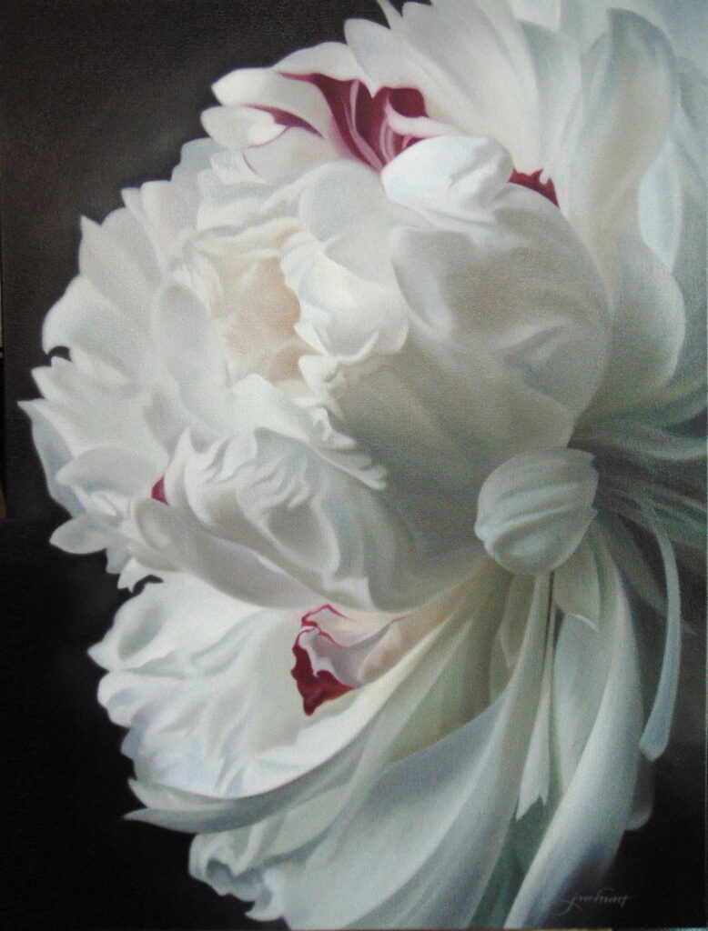 Painting of white petals with red highlights