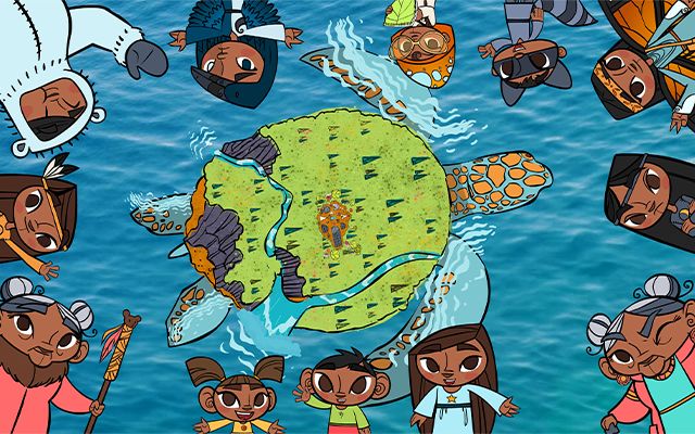Image of animated characters from Lil Glooscap surrounding Turtle Island.