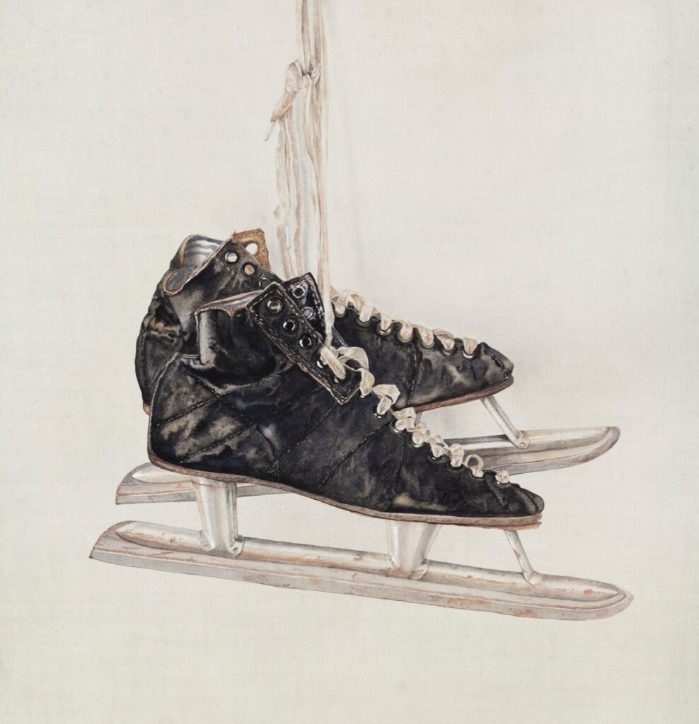 Painting of antique hockey skates.