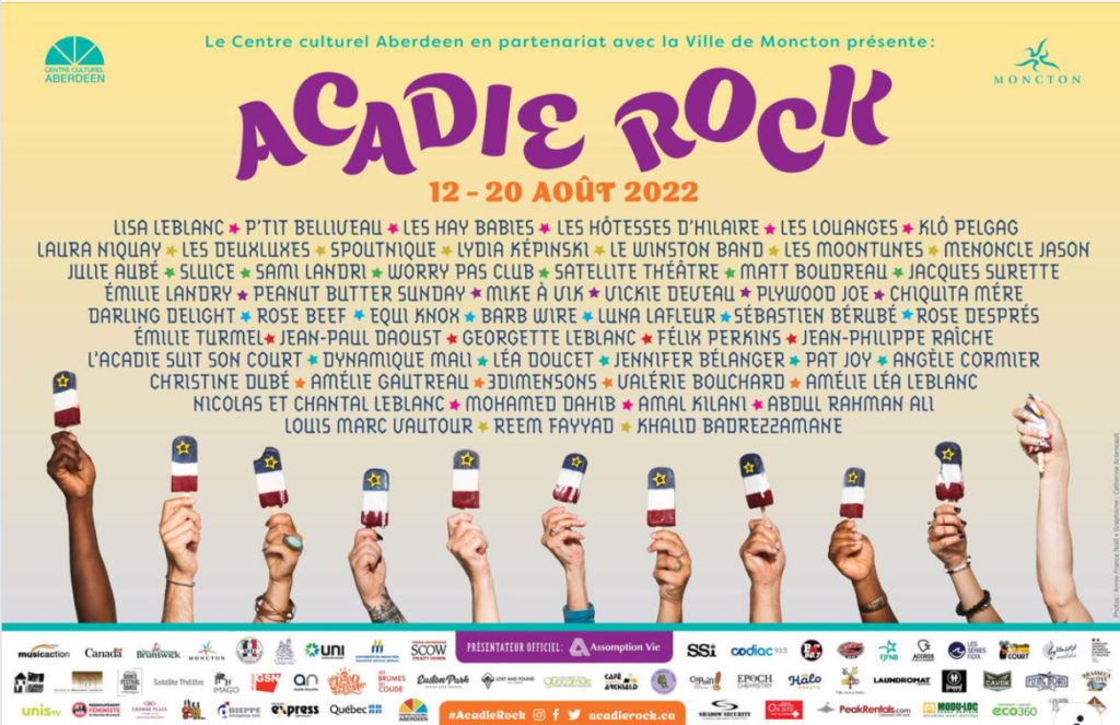 Poster for Acadie Rock listing all of the participating artists. Along the bottom, hands hold up popsicles fashioned after the Acadian flag.