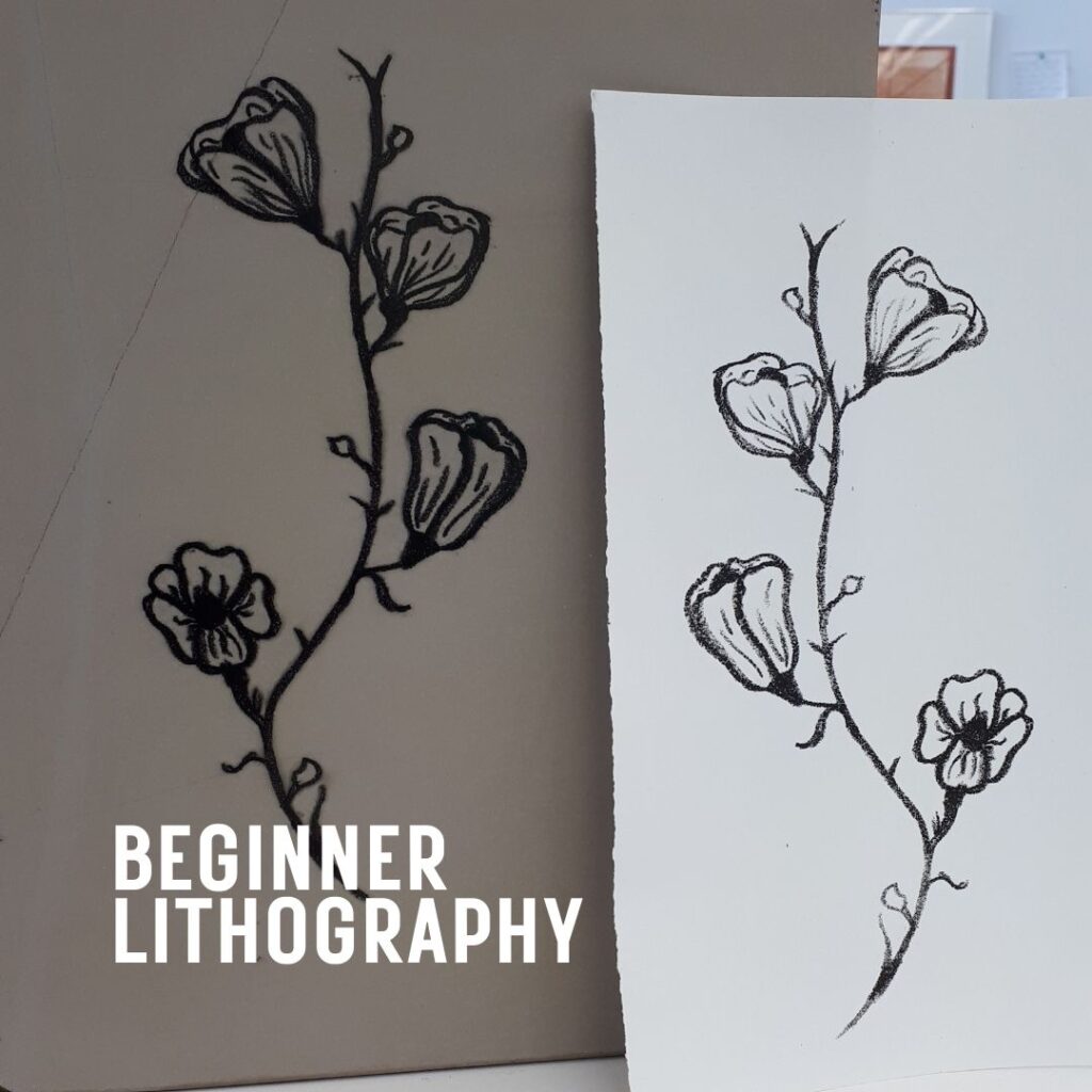 Image of a lithographed flower. Text reads, Beginner Lithography.