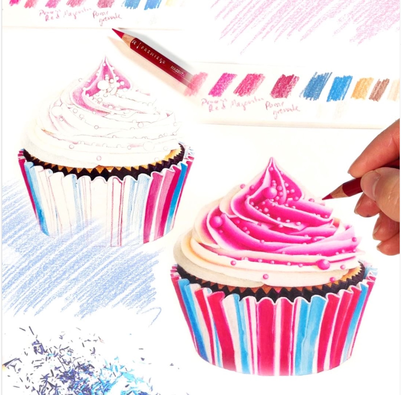 Cupcakes drawn with coloured pencil.