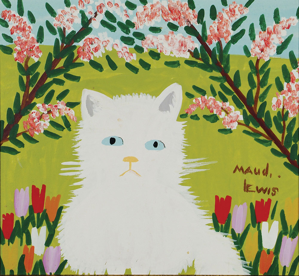 Maud Lewis painting of a white cat.