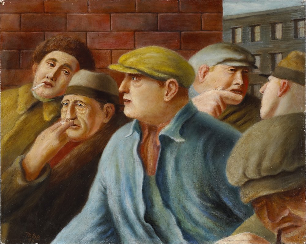 Detail of a Miller Brittain painting. Four male figures stand in front of a brick wall.