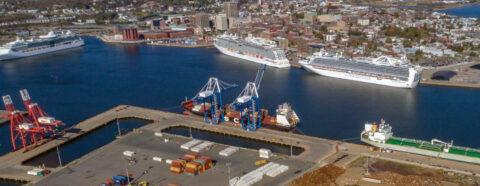 Arial view of the port of Saint John with two cruise ships docked.