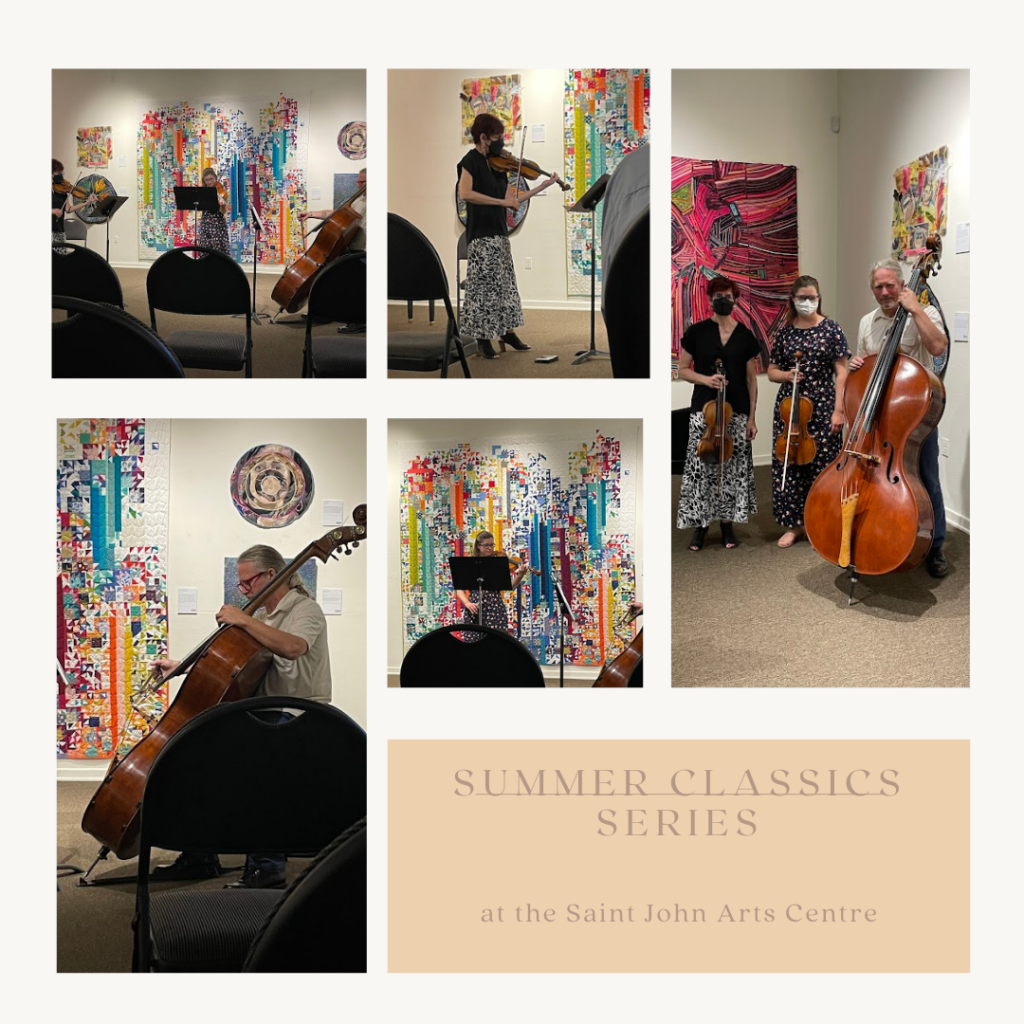 Robin Streb, Nadia Francavilla, and Andrew Reed-Miller of Resonance New Music playing violin, viola, and bass at the Saint John Arts Centre.