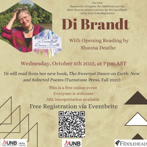 Di Brandt with opening reading by Shauna Deathe. Free online event. ASL interpretation available. Free registration via Eventbrite