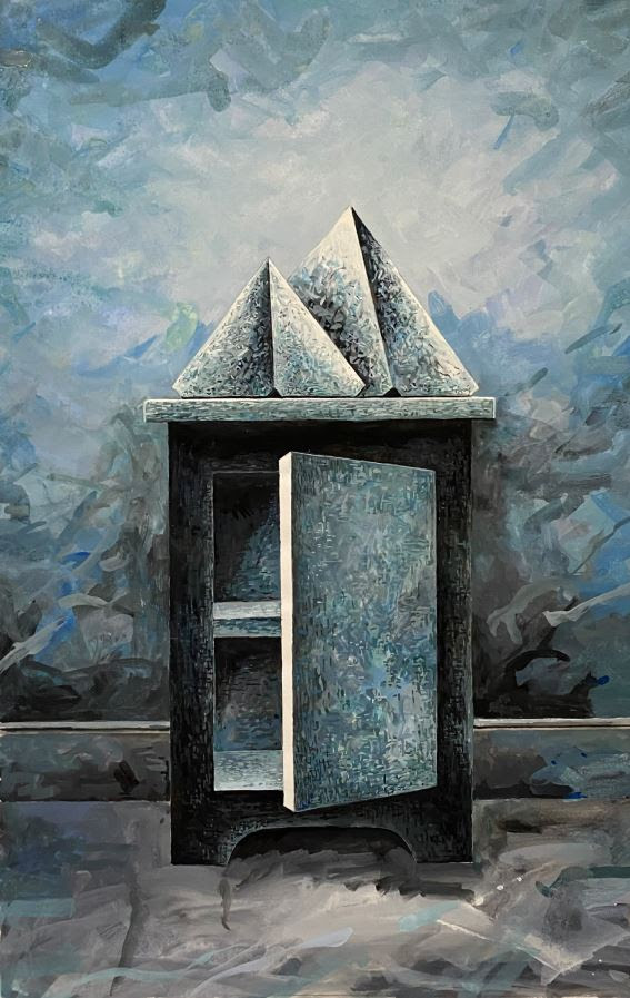 Painting "A Reflective Vision" by William Forrestall. A cabinet with two pyramids on top of it.