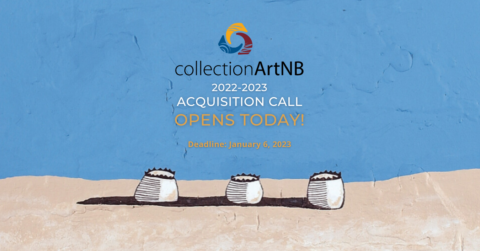 Painting of a blue sky and three small pots. Text reads: collectionArtNB 2022-23 Acquisition Call opens today. 