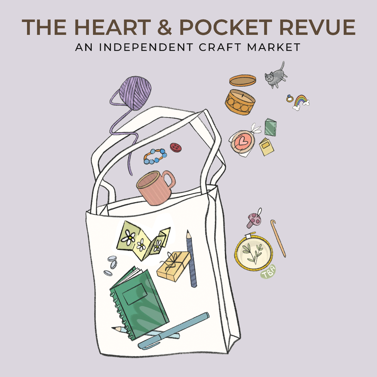 Image is a coloured drawing of a shopping bag with items spilling out of it. Text reads: The Heart and Pocket Review. An independent craft market.