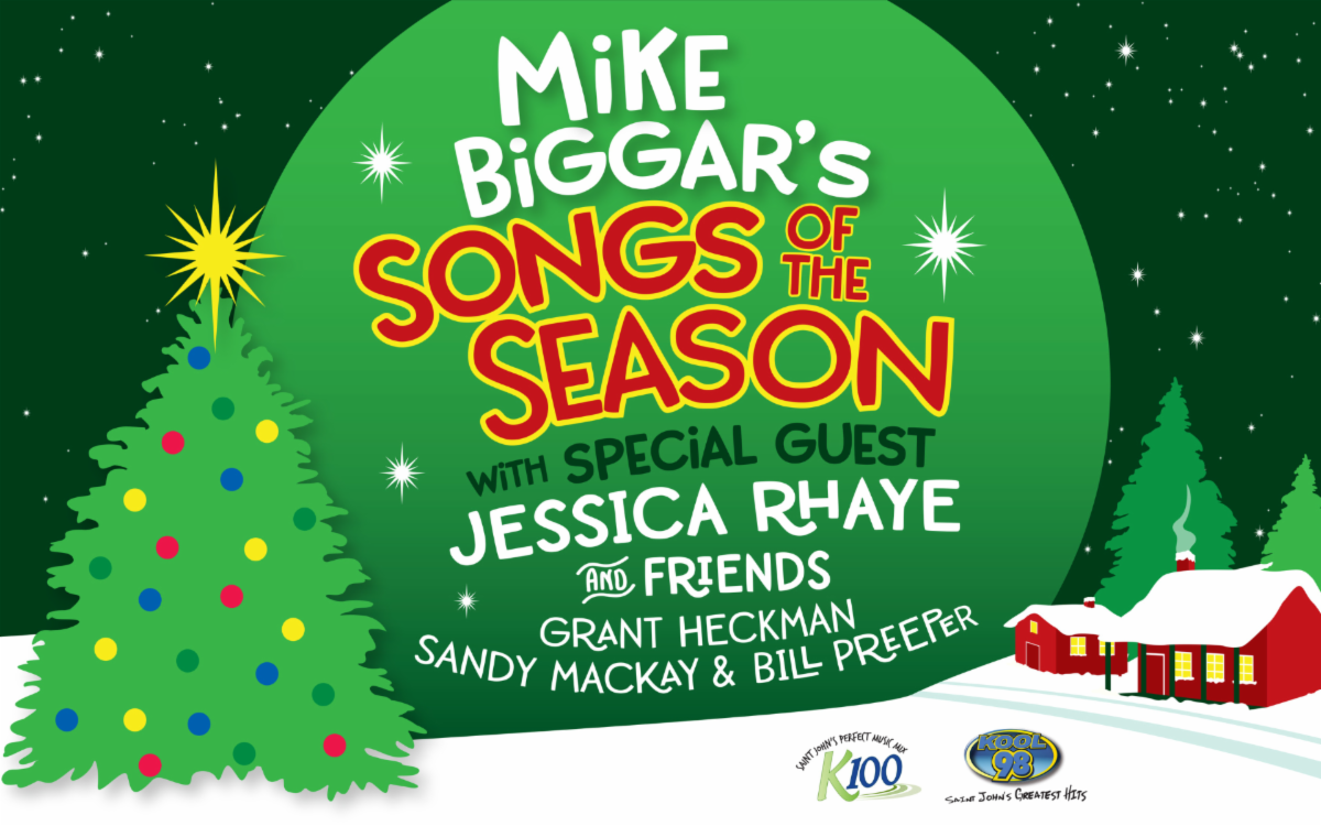 mage of a Christmas tree and cabin in the woods. Text reads: Mike Biggar's Songs of the Season with Special Guest Jessica Rhaye and friends Grant Heckman, Sandy MacKay, and BIll Preeper.