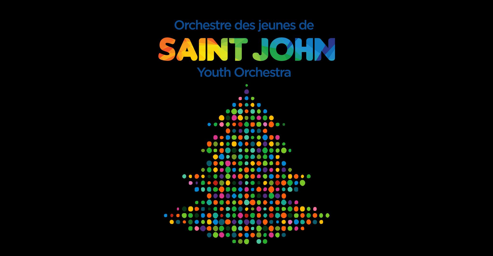 Image of a Christmas tree formed from pixelated lights. Text is in rainbow text: Orchestre des jeunes de Saint John Youth Orchestra