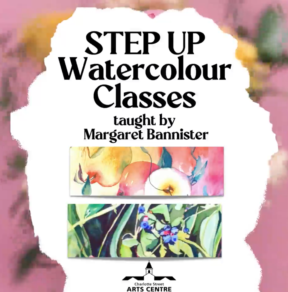 Watercolour painting of apple and of a blueberry plant. Text reads: Step Up Watercolour Classes taught by Margaret Bannister