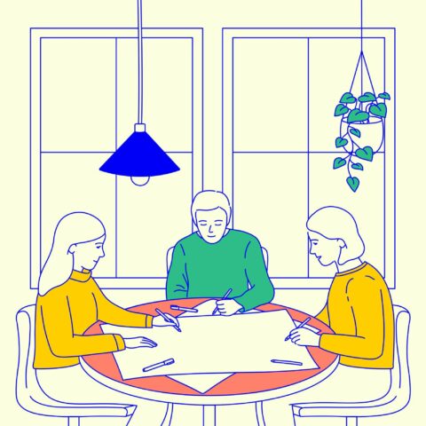 Illustration of three people at a table writing on a large piece of paper.