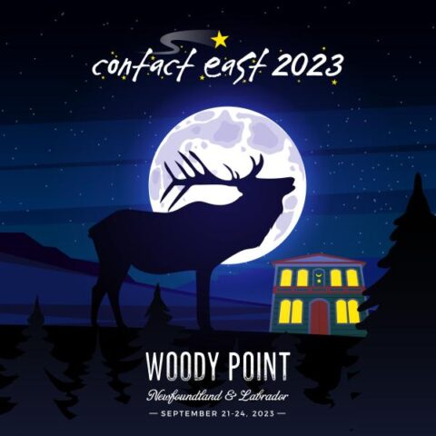 Illustration of a moose standing in front of the moon. Text reads: Contact East 2023. 