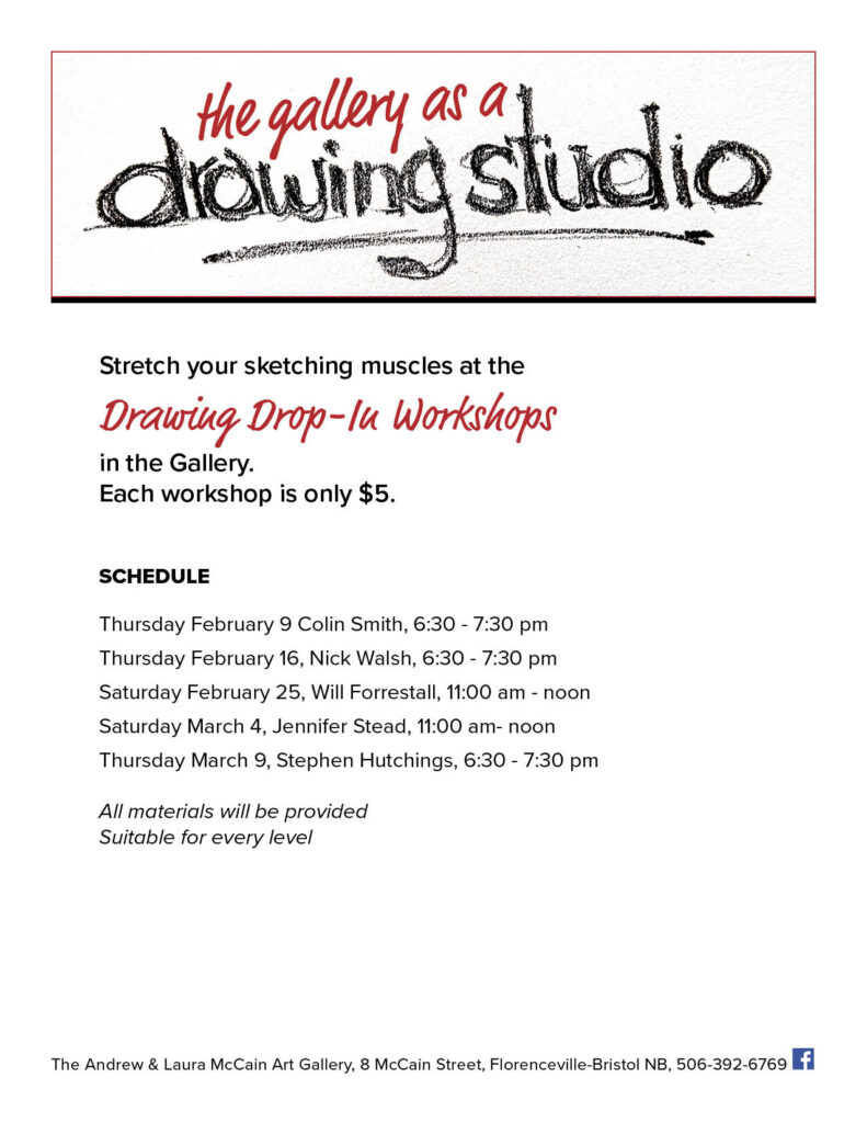 The Gallery as a Drawing Studio. Stretch your drawing muscles at the Drawing Drop-In Workshops in the gallery. Each workshop is only $5.