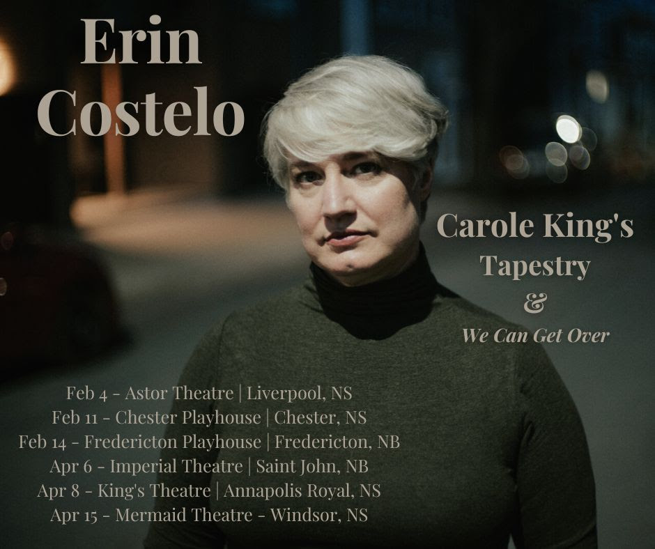 Image of Erin Costelo in a black turtleneck. Text reads: Erin Costello: Carole King's Tapestry and We Can Get Over