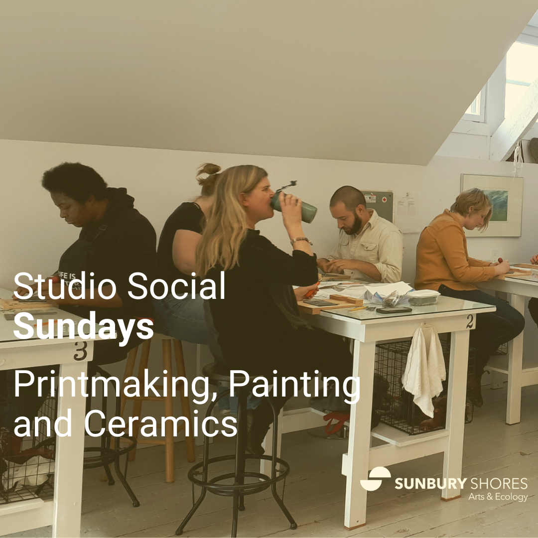 People working at desks. Text reads: Studio Social Sundays, printmaking, painting, and ceramics
