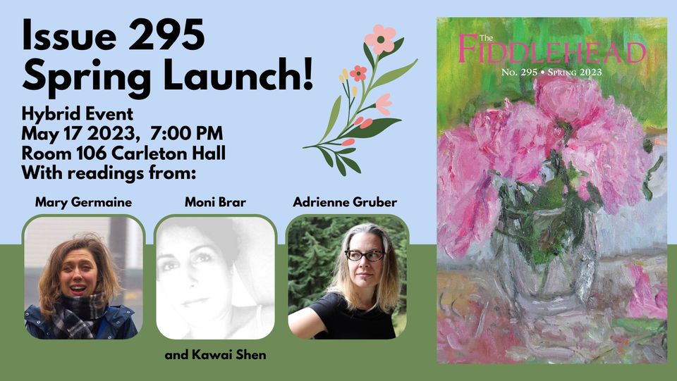 Text says: Issue 295 Spring Launch Hybrid Event
Contains images of Mary Germaine, Moni Brar, and Adrienne Gruber