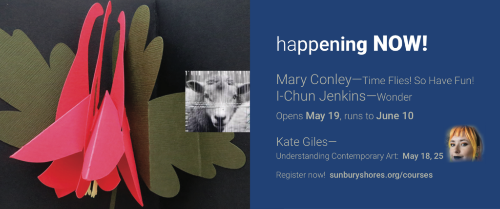 Text says: Happening now! Mary Conley- Time Flies! So Have Fun! I-Chun Jenkins- Wonder!