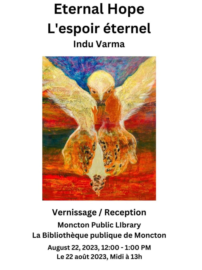 Eternal Hope by Indu Varma. Painting in blues, red, and orange featuring wings and hands placing seeds in the ground.