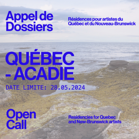 Image of the shoreline. Text: Open call for residencies for Quebec and New Brunswick Artists. Deadline May 28, 2024.